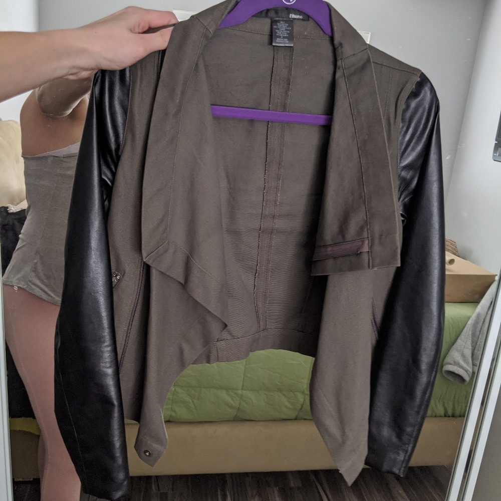 Army green and black leather jacket